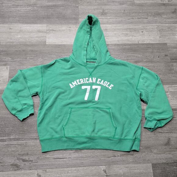 Vintage American Eagle 77 Green Scoop Kangaroo Hoodie Sweater Y2k Sweatshirt - Picture 7 of 7